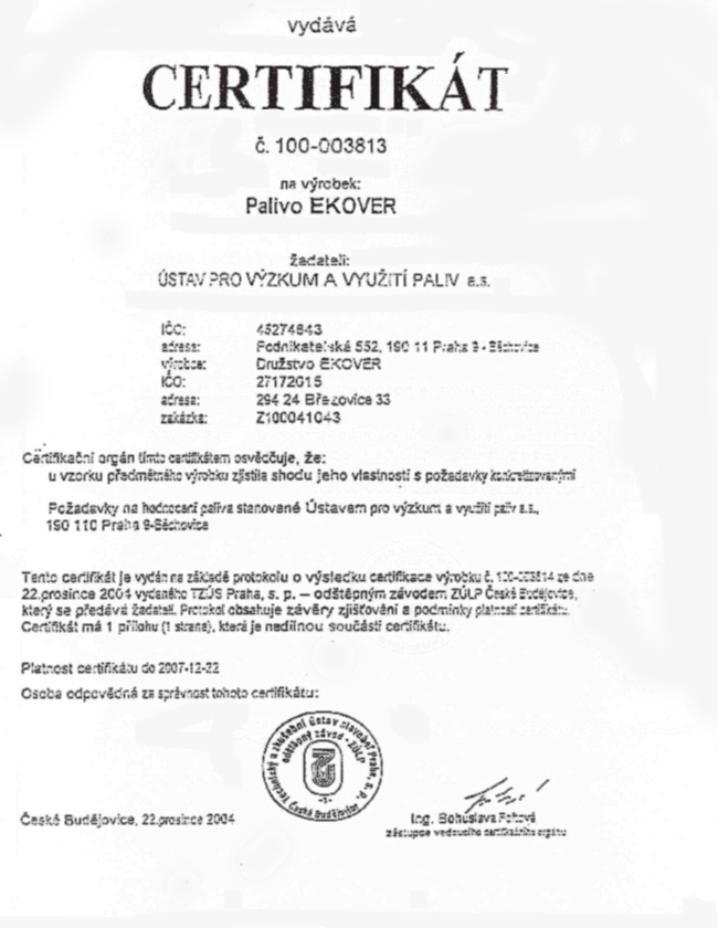 Certifikát paliva Ekover